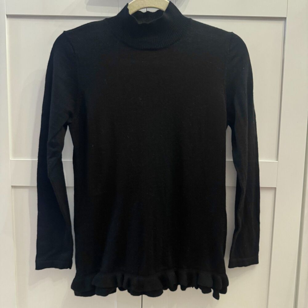 Splidom Mock Neck Ruffle Trim Sweater, Size S/M 100% Wool, Quiet Luxury Knitwear